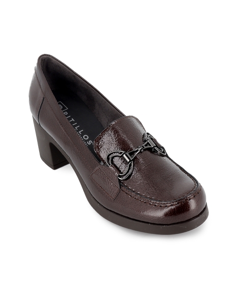 Mocasin piel charol tacon medio hebilla metal mujer marron
