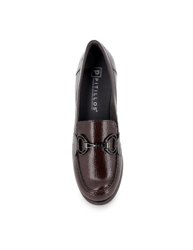 Mocasin piel charol tacon medio hebilla metal mujer marron