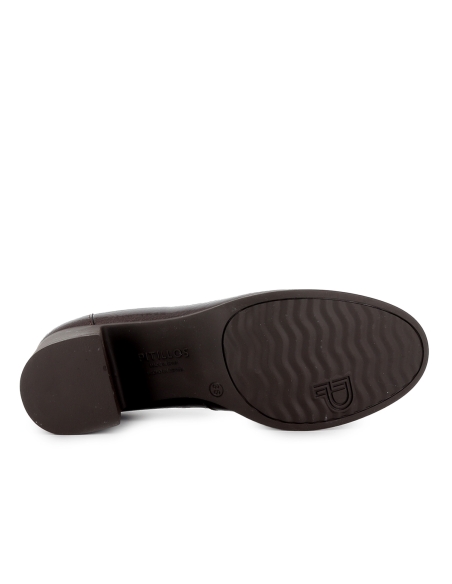 Mocasin piel charol tacon medio hebilla metal mujer marron