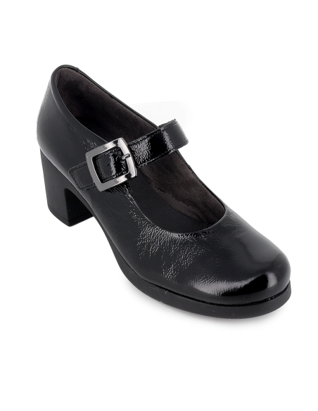 Zapato correa charol hebilla original y tacon medio mujer negro