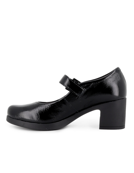 Zapato correa charol hebilla original y tacon medio mujer negro