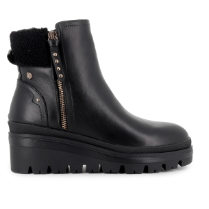 Bota piel lisa cremallera horma redonda cuña mujer negra