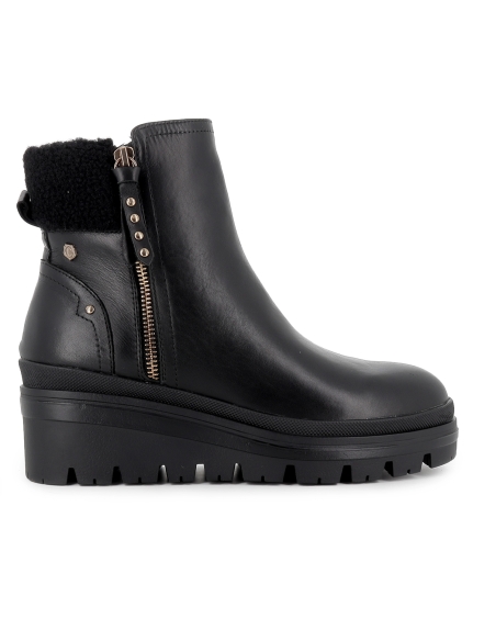 Bota piel lisa cremallera horma redonda cuña mujer negra