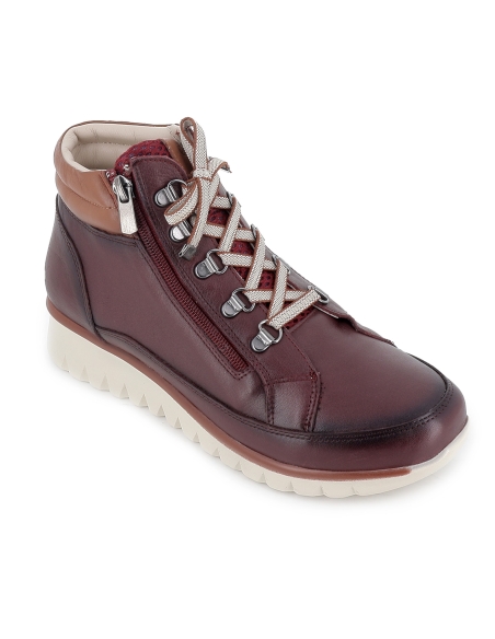Botin piel collarin acolchado cordones y cremallera mujer burdeos