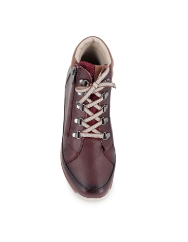 Botin piel collarin acolchado cordones y cremallera mujer burdeos