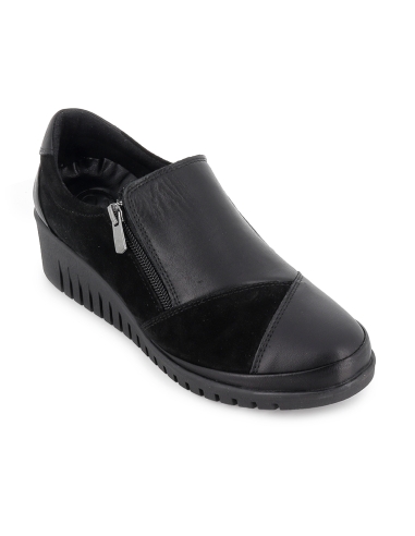 Botin piel y serraje cremallera comodo cuña mujer negro