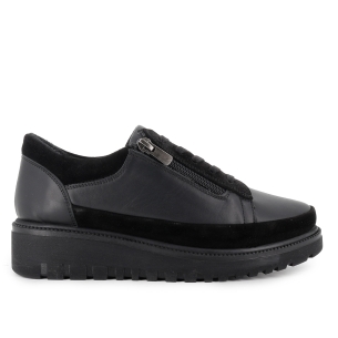 Zapato piel cordon y cremallera cuña flexible mujer negro