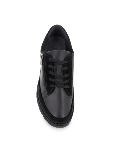 Zapato piel cordon y cremallera cuña flexible mujer negro