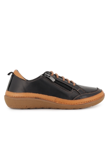 Zapato piel flexible cordon y cremallera plano mujer negro