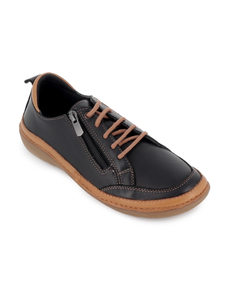 Zapato piel flexible cordon y cremallera plano mujer negro