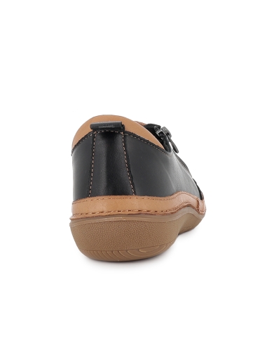 Zapato piel flexible cordon y cremallera plano mujer negro