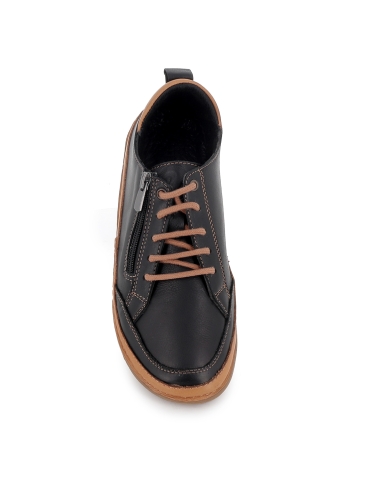 Zapato piel flexible cordon y cremallera plano mujer negro