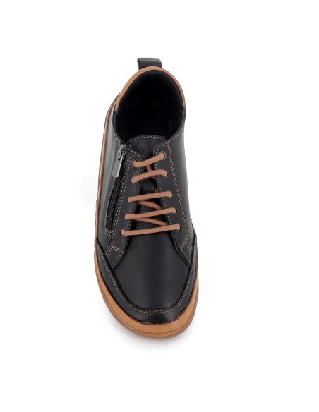 Zapato piel flexible cordon y cremallera plano mujer negro