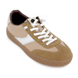 Deportivo piel y serraje cordon suela plana caramelo mujer beige 2