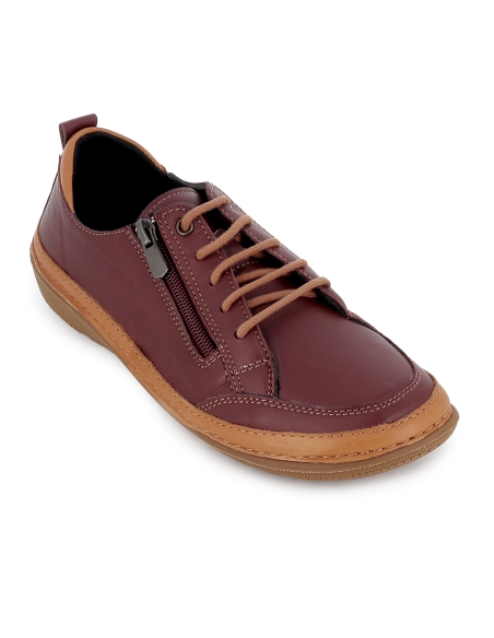 Zapato piel flexible cordon y cremallera plano mujer burdeos
