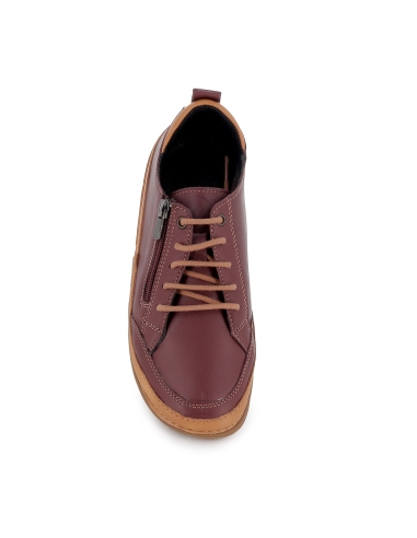 Zapato piel flexible cordon y cremallera plano mujer burdeos