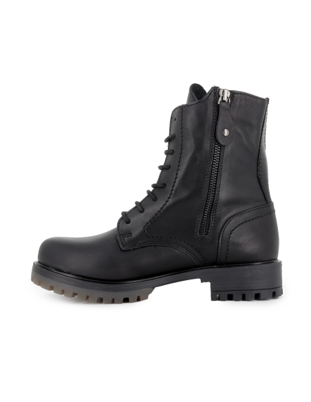 Bota militar piel diseño cordones y cremallera tacon mujer negro