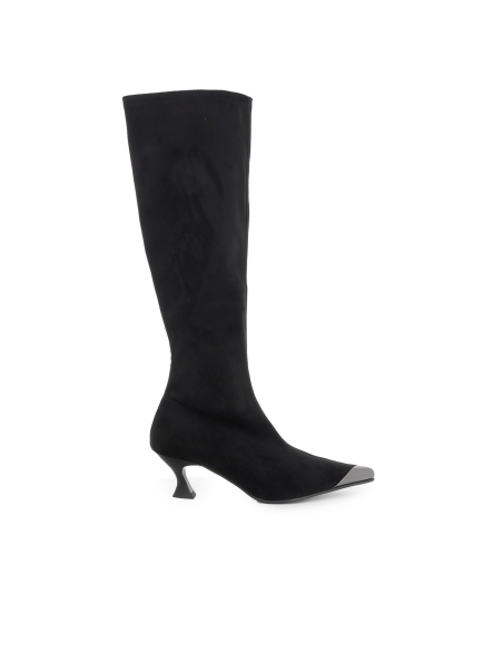 Bota alta licra adorno metalizado tacon carrete mujer negro