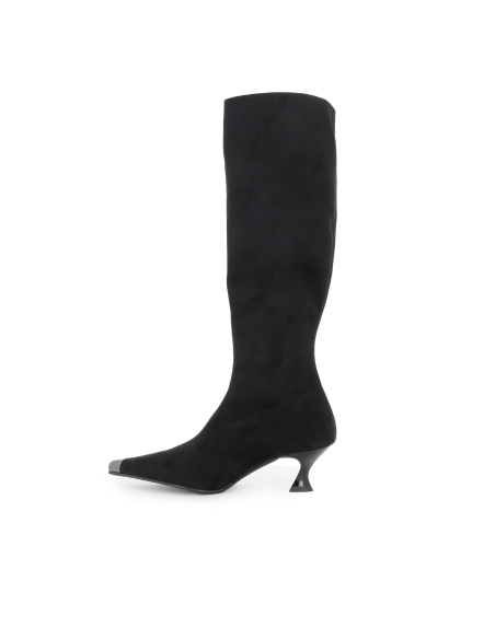 Bota alta licra adorno metalizado tacon carrete mujer negro