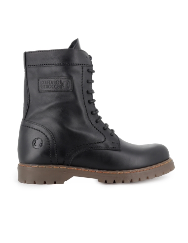 Bota militar piel cordones y cremallera plano mujer negro