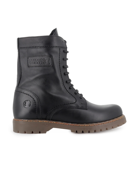 Bota militar piel cordones y cremallera plano mujer negro