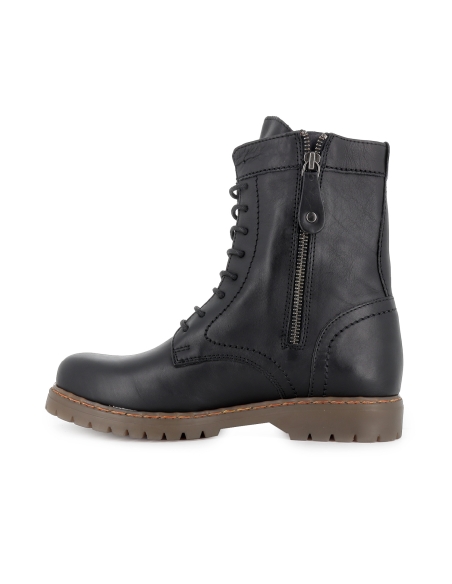 Bota militar piel cordones y cremallera plano mujer negro