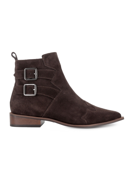 Botin piel 2 hebillas cremallera tacon con base mujer marron