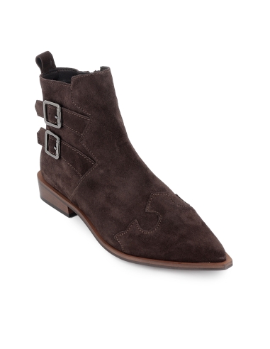 Botin piel 2 hebillas cremallera tacon con base mujer marron