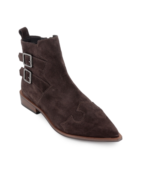 Botin piel 2 hebillas cremallera tacon con base mujer marron
