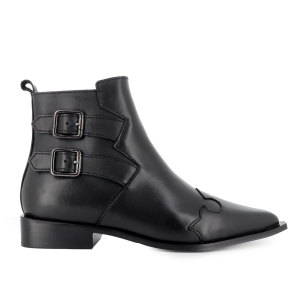 Botin piel 2 hebillas cremallera tacon con base mujer negro