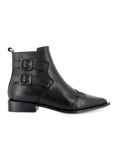 Botin piel 2 hebillas cremallera tacon con base mujer negro