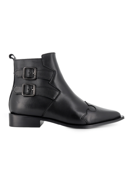 Botin piel 2 hebillas cremallera tacon con base mujer negro