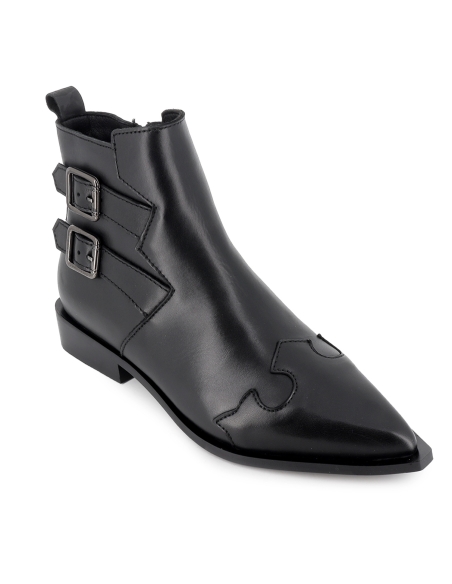 Botin piel 2 hebillas cremallera tacon con base mujer negro