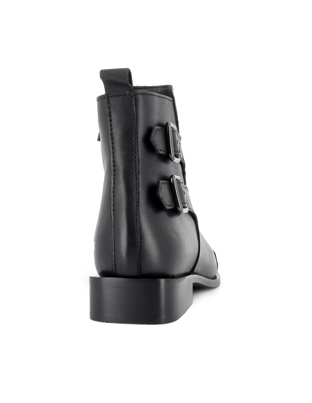 Botin piel 2 hebillas cremallera tacon con base mujer negro