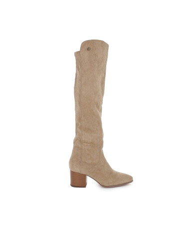 Bota alta licra elastica cremallera tacon medio mujer taupe