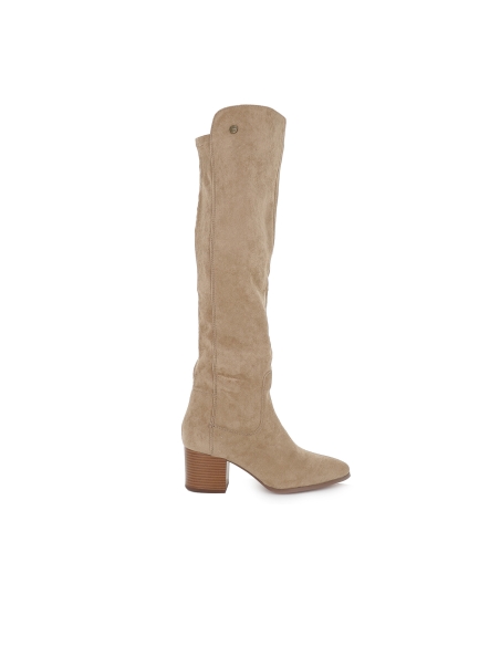 Bota alta licra elastica cremallera tacon medio mujer taupe