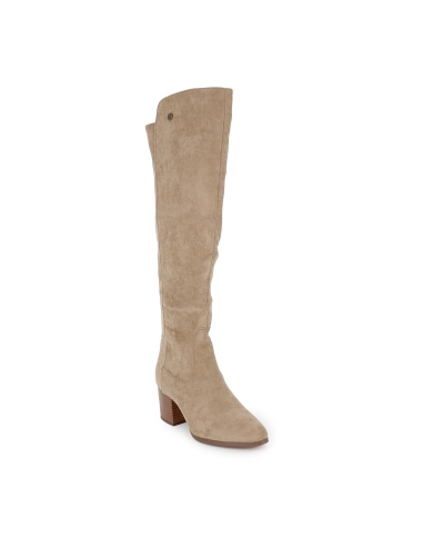 Bota alta licra elastica cremallera tacon medio mujer taupe