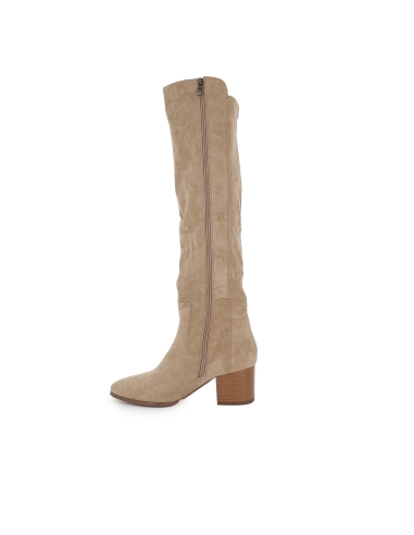 Bota alta licra elastica cremallera tacon medio mujer taupe