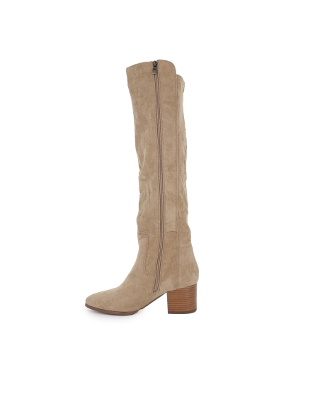 Bota alta licra elastica cremallera tacon medio mujer taupe