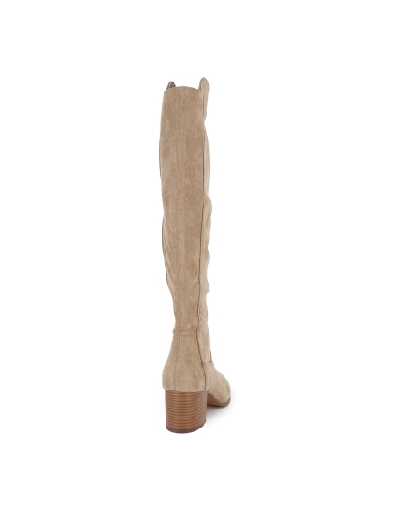 Bota alta licra elastica cremallera tacon medio mujer taupe