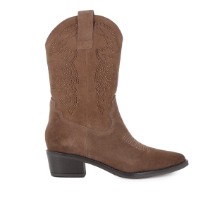 Bota tejana piel bordados y pedreria tacon cubano mujer taupe