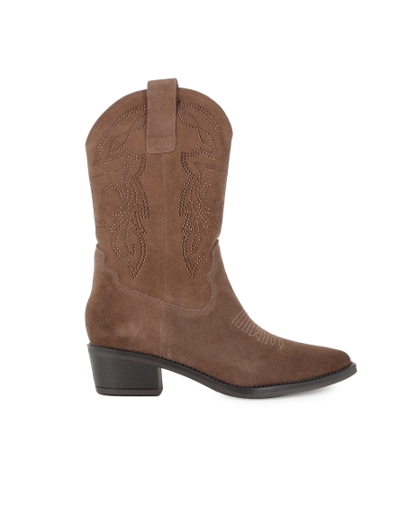 Bota tejana piel bordados y pedreria tacon cubano mujer taupe