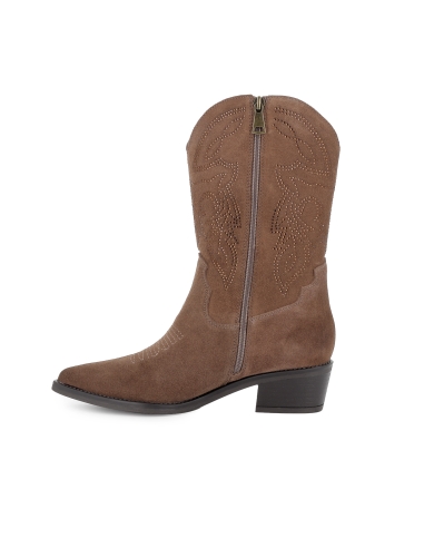 Bota tejana piel bordados y pedreria tacon cubano mujer taupe
