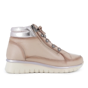 Botin piel collarin acolchado cordones y cremallera mujer beige