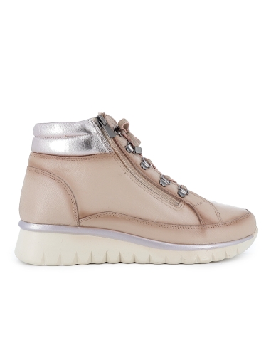 Botin piel collarin acolchado cordones y cremallera mujer beige