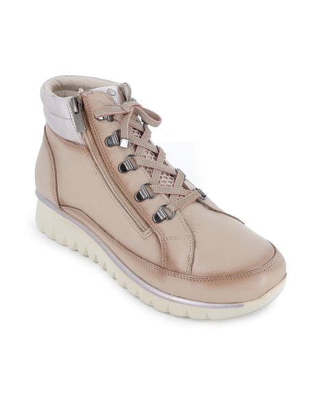 Botin piel collarin acolchado cordones y cremallera mujer beige