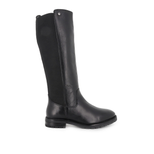 Bota alta piel y licra combinada plano mujer negra