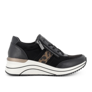 Deportiva piel cuña media cremallera mujer negro y leopardo