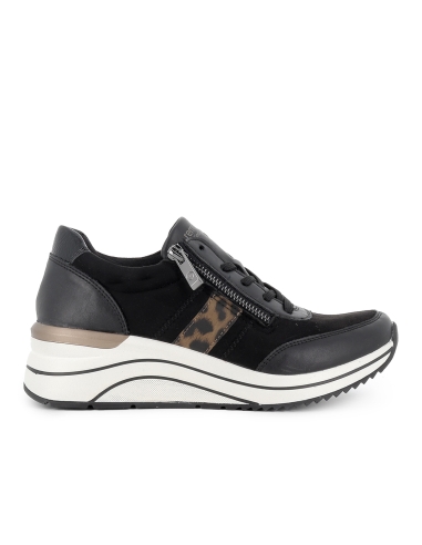 Deportiva piel cuña media cremallera mujer negro y leopardo