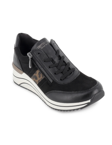 Deportiva piel cuña media cremallera mujer negro y leopardo